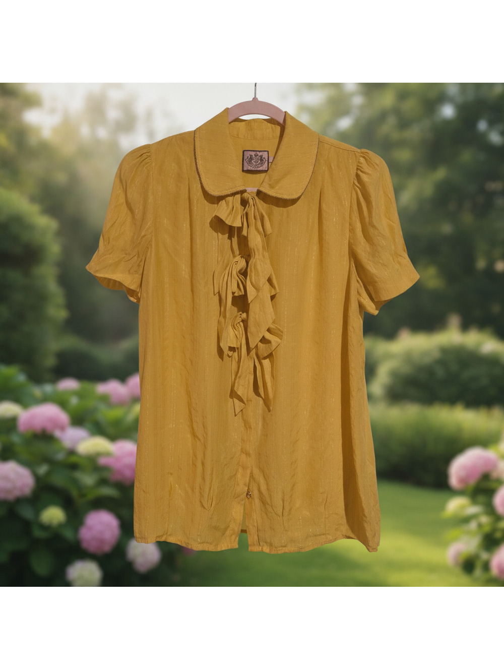 Juicy Couture Ruffle Front Blouse Mustard Yellow Size 6 Women's